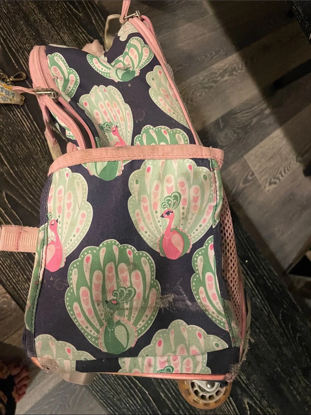 Pottery Barn Kids Navy Peacock-Print Rolling Backpack with Pink Trim